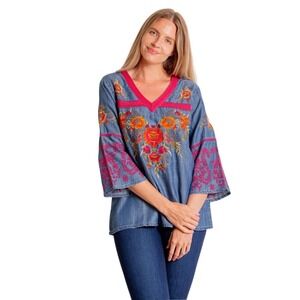 APNY Boho Womens Blue Tencel Floral Embroidered V-Neck Bell Sleeve Tunic Top XS